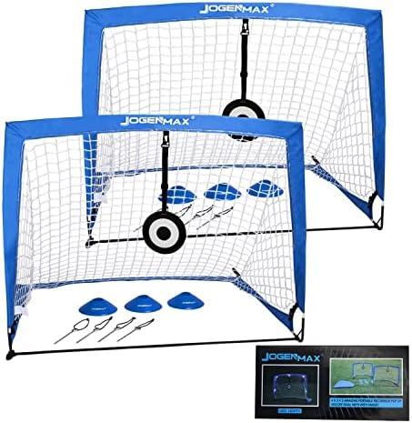 JOGENMAX Portable Kids Soccer Goal, Pop Up Goal Nets with Led Lights,Set of 2, with Agility Training Cones, Aim Target and Carry Case Gift for Kids Teen Boy & Adults Size 4‘X3’(Blue)