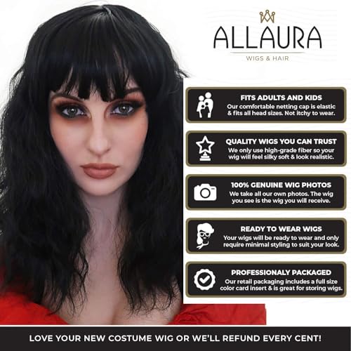 Image of ALLAURA Wigs Beetle Bride Black Bob Wig - Lydia Wavy with Bangs for Gothic Witch Cosplay - Compatible with Lydia Deetz Wig