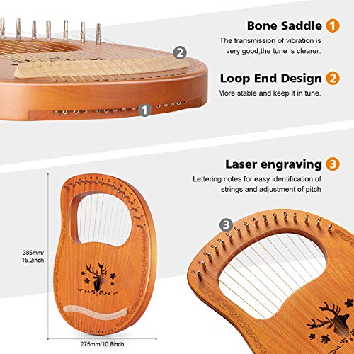 Topnaca Lyre Harp, 16 snaren, massief, mahonieharp met draagtas, extra snaren, stemsleutel, reinigingsdoek, plectrums - Image 5