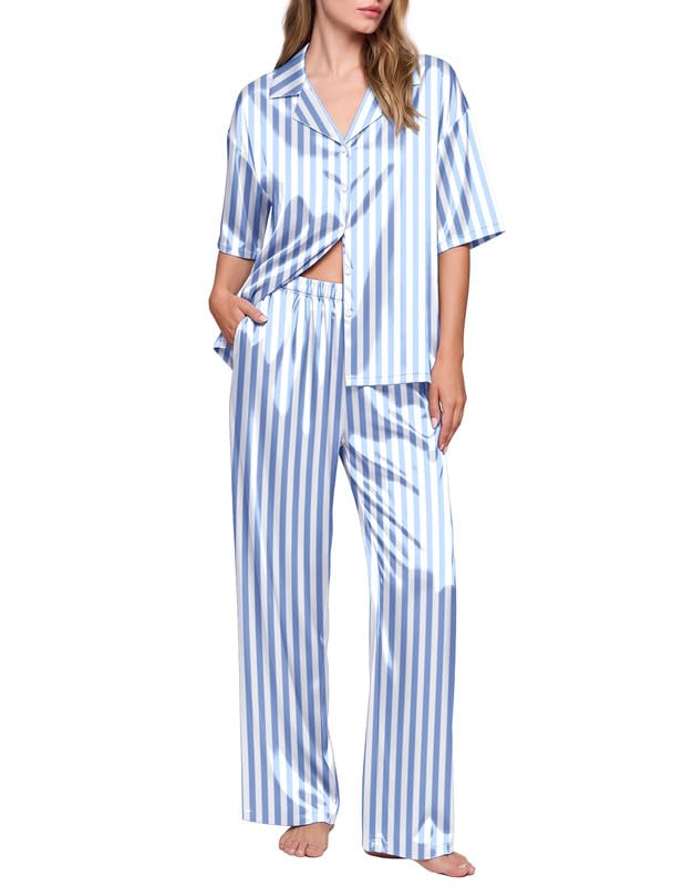 Image of Ekouaer Silk Satin Pajamas Set Women Short Sleeve Pj Sets Button Down Sleepwear 2 Piece Soft Loungewear S-XXL