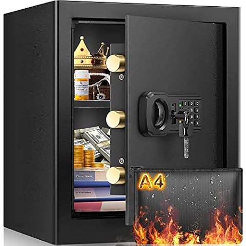 2.0 Cub Large Safe Box Fireproof Waterproof, Personal Home Security Safe with Fireproof A4 Document Bag, Keypad Led Indicator, Silent & Alarm, Combination Lock Box for Money Firearm Medicines Document Cover