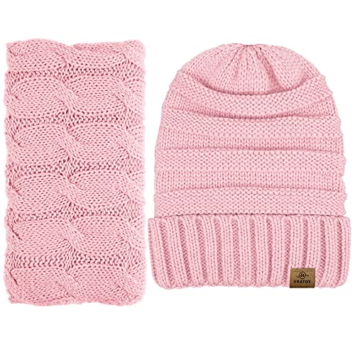 URATOT Winter Knitted Warm Set Infinity Scarf and Beanie Hat Touch Screen Gloves Winter Gifts for Men and Women2