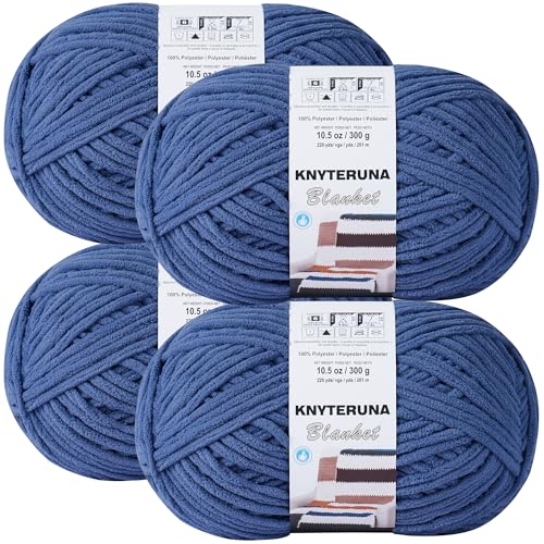 Image of #6 Super Bulky Blanket Yarn for Crocheting - 4 Skeins(Each 10.5oz /300g, 220yds /201m), Chunky Chenille Thick Plush Big Soft Yarn for Crocheting Knitting Blankets, Country Blue