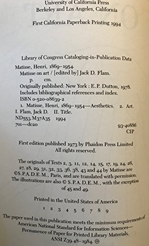 Matisse on Art 0520086392 Book Cover