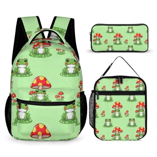 Backpack Lightweight Red Mushroom Frog Bookbag with Lunch Box Storage Bags Backpack Set Daypack with Lunch Bag and Cosmetic Bag