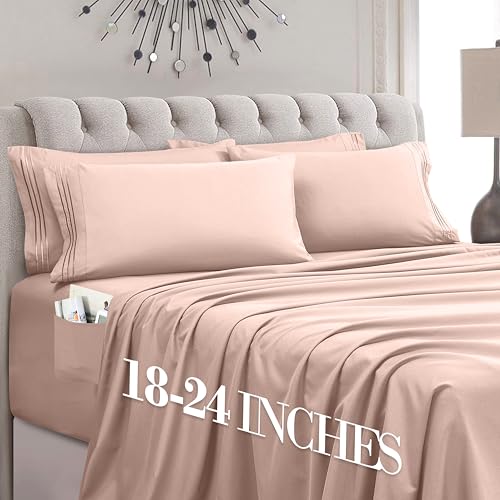 Image of Mocassi Luxury 6-Piece Sheet Set, Ultra Soft 1800 Premium Hotel Quality Microfiber Sheet Set, Fits Mattresses Up to 18 to 24 Inches Extra Deep Pocket - Breathable and Secure Fit, Queen, Blush