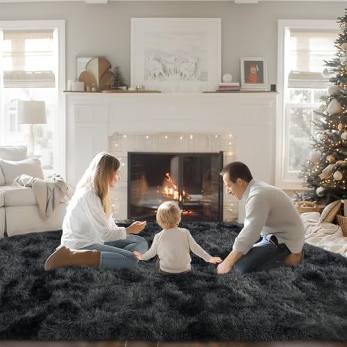 8x10 Area Rugs for Living Room, Large Fluffy Rugs for Bedroom, Soft Carpet Shag Kids Room Rug, Non-Slip Fuzzy Rugs Indoor (Black Grey Tie-Dyed, 8ft x 10ft)