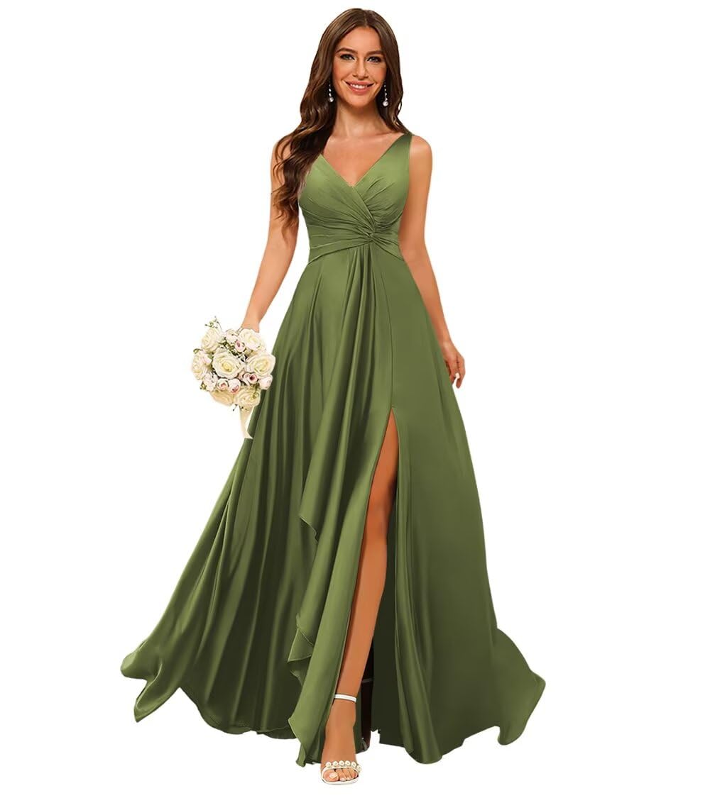 Stylefun Double V Neck Satin Bridesmaid Dresses for Women Long Ruffled Split A-line Formal Prom Dresses with Pocket STN005