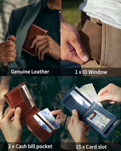 Image of Artpaxy Mens Wallet Bifold Genuine Leather RFID Blocking Wallet for Men with 1 ID Window 15 Card Holders 2 cash pockets 1 Gift Box