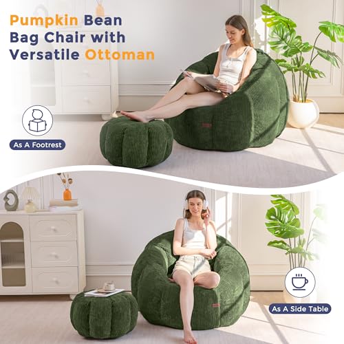 Image of MAXYOYO Giant Bean Bag Chair with Ottoman, Pumpkin-Shaped Bean Bag Sofa with Footstool, Oversized Boneless Couch Chair in a Box, Comfy and Lazy Lounge for Dorm, Living Room, Bedroom, Green