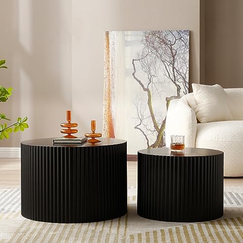 Modern Nesting Coffee Table, Round Wood End Table Set of 2 for Small Space, Living Room - Black
