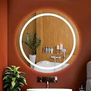 Glass Round Led Wall Mirror For Bathroom,Wash Basin Mirror 3 Led Lights(Warm,White,Natural White,Size 24X24 Inch,Framed)