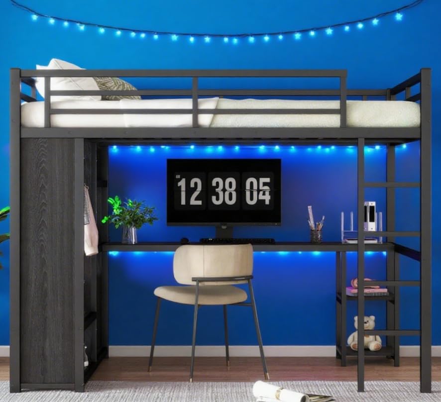 Image of Bellemave Twin XL Loft Bed with Desk, Wardrobe, Metal Twin XL Loft Bed Frame for Adults, Kids, Teens, Black