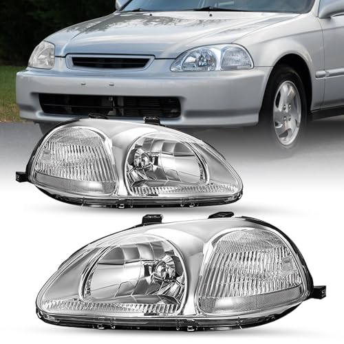 SOCKIR Headlight Assembly Set Compatible with 1996 1997 1998 Honda Civic OEM Headlamp HO2502110 HO2503110 (Chrome Housing with Clear Reflector)