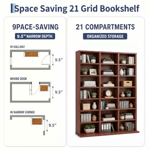 Image of Garvee 7 Tier Tall CD Display Cabinet, 21-Compartment Media Tower, Walnut