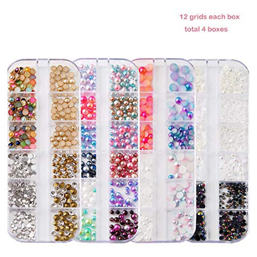 4 Boxes Nail Jewelry Pearls Nail Rhinestones Flat Back AB Diamonds Round Beads Mix Glass Charms Gems Stones For 3D Nails Art Decorations