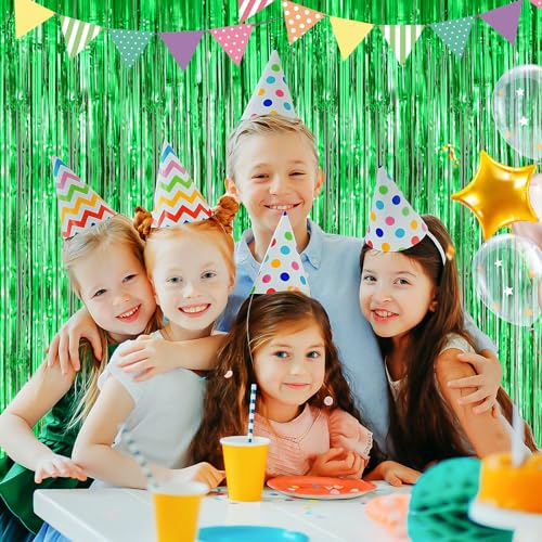 image for YEURFONTASY Green 2 Pack Metallic Tinsel Foil Fringe Curtains, 3.3x8.3