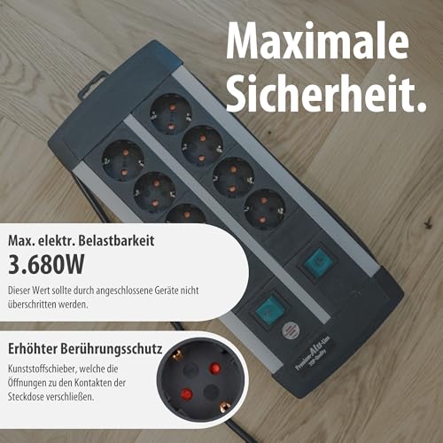 Brennenstuhl Premium-Alu-Line Steckdosenleiste 8-Fach/Mehrfachsteckdose aus hochwertigem Aluminium (mit 2 Schaltern für je 4 Steckdosen und 3m Kabel, Made in Germany)