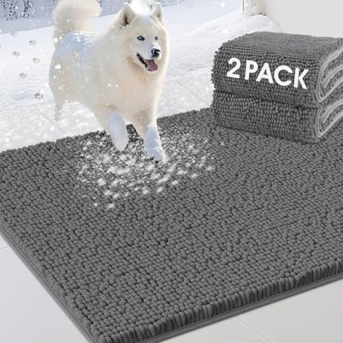 2 Pieces Muddy Door Mats for Dogs, Chenille Absorbent Pet Mats, Quick Dry, Trap Dirt Non Slip Heavy Indoor Doormat Soft Dog Bed Mat Front Inside Door Mat for Indoor Outdoor Entrance,Grey