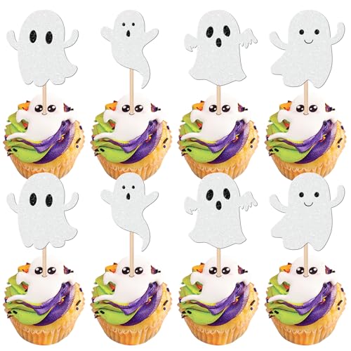 24 PCS Halloween Ghost Cupcake Toppers White Glitter Baby Ghost H...
