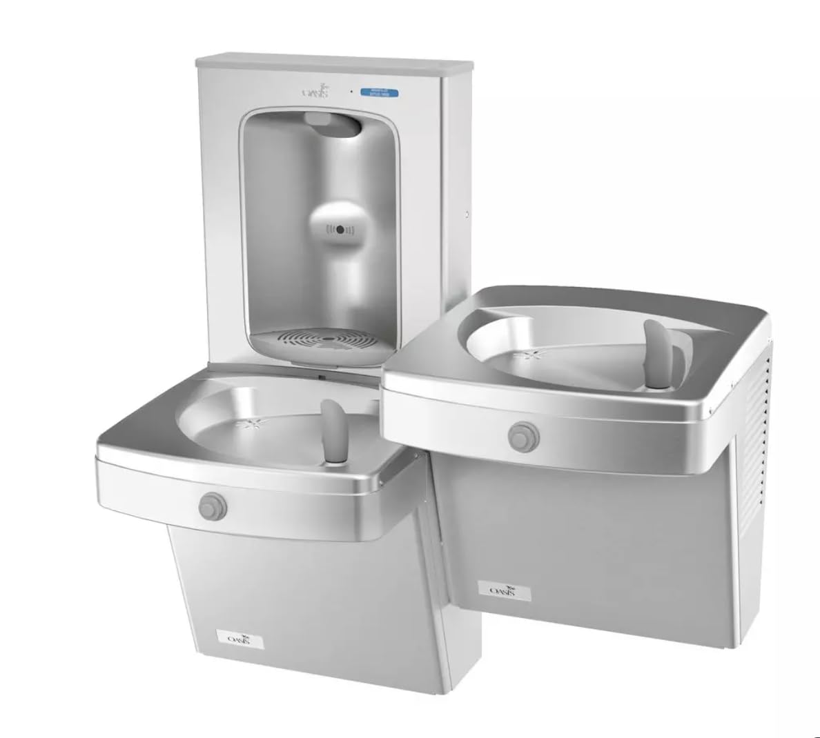 Oasis VersaCooler OPGV8EBFSLSTN Wall Mount Bi-Level Indoor Water Drinking Fountain in Stainless Steel with Electric Bottle Filling Station, Built in 100 - Micron Strainer, 8GPH - 18" D x 34" W x 38" H