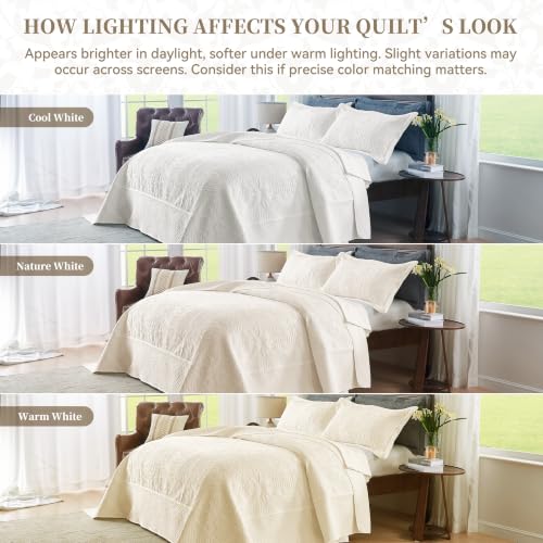 Image of Qucover Queen Bedspread Medallion Quilt Bedding Set 3 Piece Light Beige