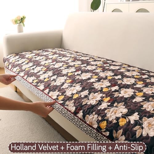 Image of HOKIPO 'Florentina Series' Premium Holland Velvet 5 Seater Sofa Cover Mat in 3+2 Configuration with Foam Filling for Extra Softness, Anti-Slip Backing, Camellia Brown (IN-881+879-V2)