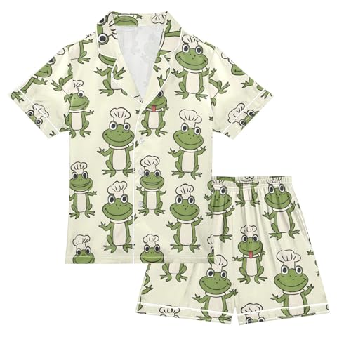 ALAZA Funny Animal Frog Green Satin Pajamas Set Short Sleeve Button Down Sleepwear Summer Pjs 2 Piece