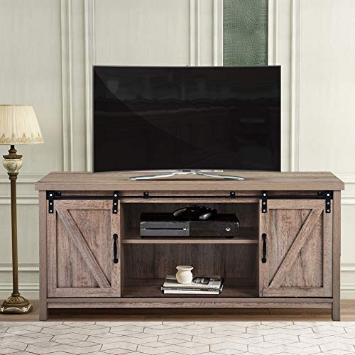 Rustic Wood TV Stand with Barn Door and Shelves for Living Room Media