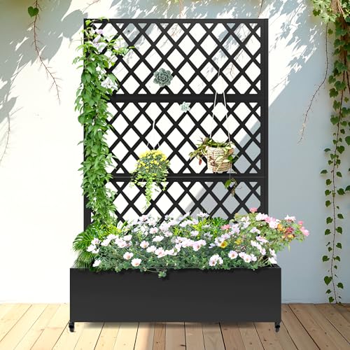 FENCY Metal Planter Box with Diamond Lattice Trellis Planter Box for Climbing Plants/Vines, Galvanized Raised Garden Bed On Wheels, Garden Bed with Trellis(73