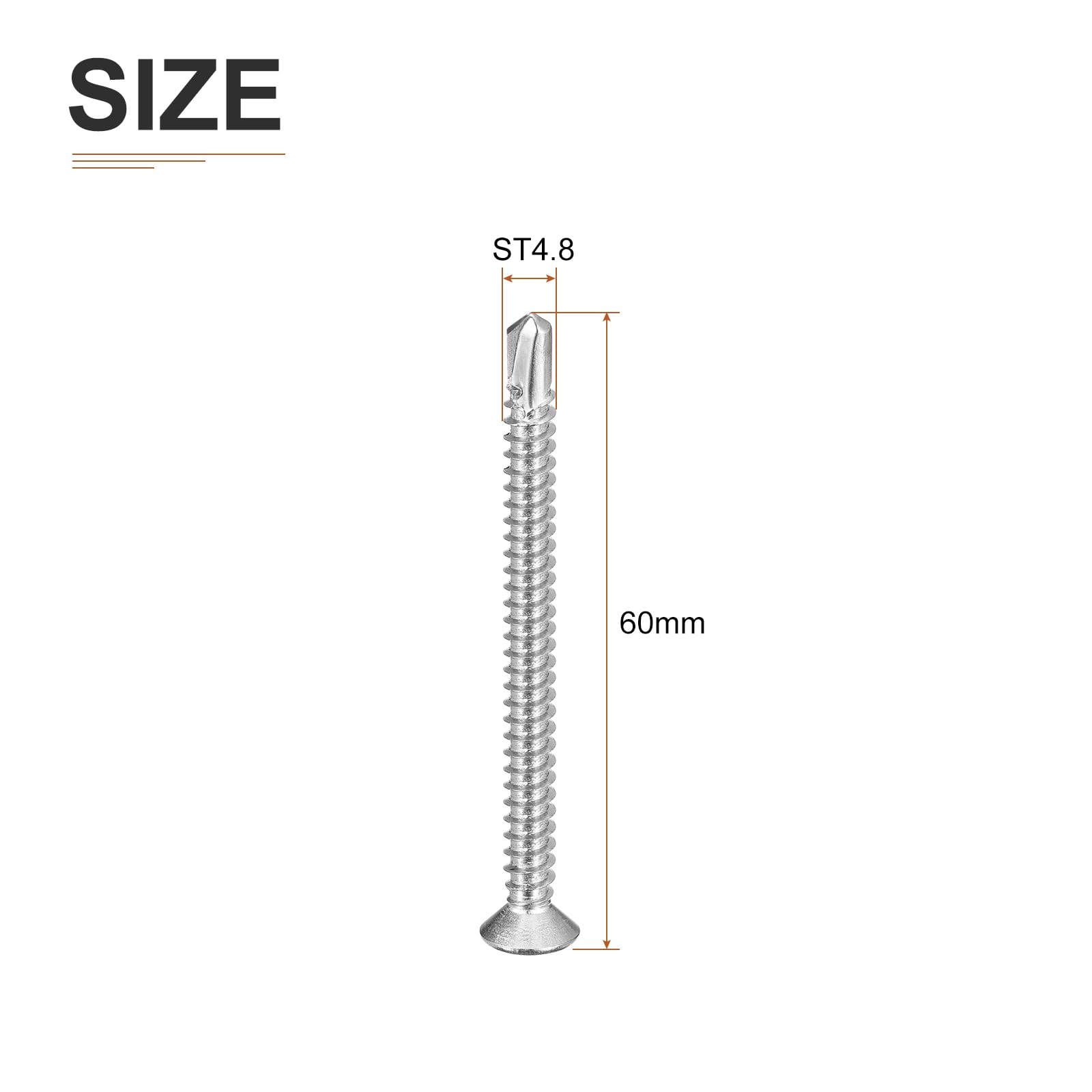 DTGN 100Pcs ST4.8x60mm Self Drilling Screws, 410 Stainless Steel Flat Head Phillips Sheet Metal Screw - Image 2