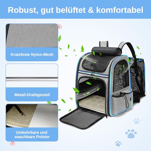 Dogat Erweiterbar Katzenrucksack mit Netzfenster, Tragbare und Faltbare Haustier Rucksack mit Innerer Sicherheitsleine und Haustierunterlage für Katzen Hunde bis 17 lbs (8 kg) Wandern, Walken (Grau)