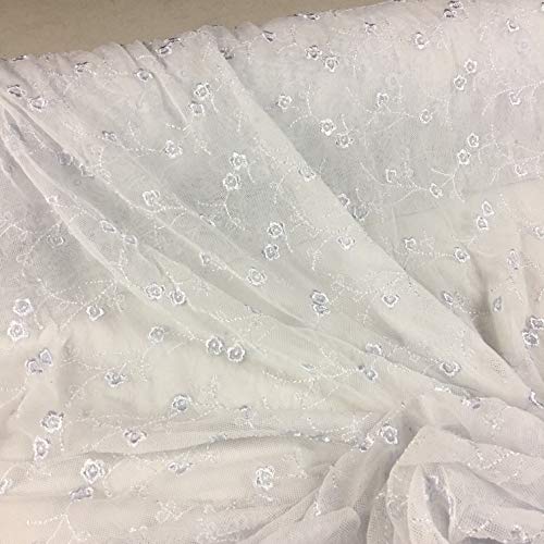 2 Yards, Gorgeous Delicate Mesh with Small Floral Embroidery All Over Soft Mesh Lace, Fluorescent White with a Gentle Bluish hue, 52" Wide - Amore Fabrics