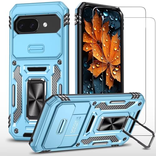 ESONG Cover per Google Pixel 10 Pro Custodia Protettiva di Grado Militare e con Scorrevole Fotocamera 2 Pezzi Pellicola Vetro Magnetica Anello Supporto-blu