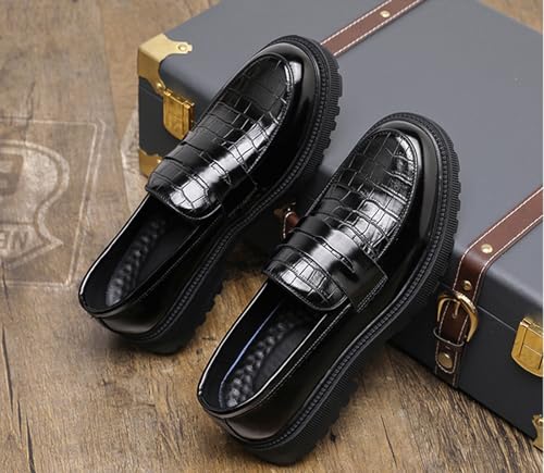Men's Leather Printed Chunky Platform Penny Loafers Retro Round Toe Slip-On Lug Sole Work Business Casual Shoes2