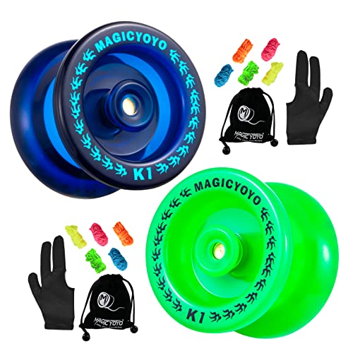 YOYO Pack of 2 Responsive YoYo, K1 Plus Dark Blue,Grow Green,Hubstack Plastic Yoyos for Kids Basic Yo-yo with 10 Yoyo Strings, 2 Yoyo Bags, 2 Yoyo Gloves, Ideal Gift Yoyo for Kids.