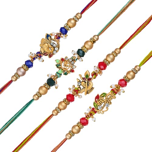 Image of eCraftIndia Lord Ganesha Om Shivling Radhe Krishna Designer Rakhi Set of 4 | Rakhi for Brother Bhaiya Bhai with Best Bro Ever Fridge Magnet | Roli Chawal Pack