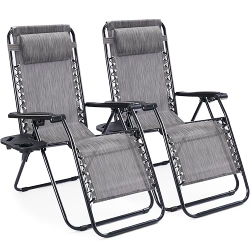 Sweetcrispy Zero Gravity Chairs, Set of 2 Portable Recliner Beach Camping Patio Outdoor Folding Lounge Chair with Cup Holder Trays and Adjustable Pillow for Poolside, Garden, Backyard, Lawn (Grey)