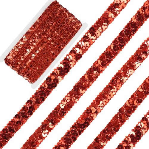 Qililandiy 13 Meter Einfassborte Spitze Pailletten Borte Band Fransen Borten Applikation 1.5cm X 13m für DIY Kleidung Gardine Vorhang Tischläufer Deko (Rot)