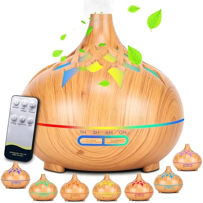MKAKYES Difusor Aceites Esenciales, Humidificador Ultrasónico y Difusor de Aromas con Control Remoto y LED de 7 Colores, 4 Temporizador 2 Patrones de Pulverización para Hogar, Oficina