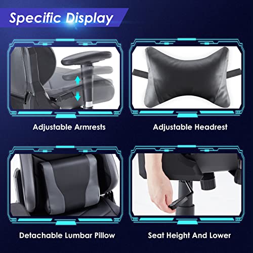 Sunon Gaming Chair Ergonomic Video Game Chair High Back Office Computer Chair Racing Style with Headrest and Lumbar Support (Black & Grey, Leather) - Image 3