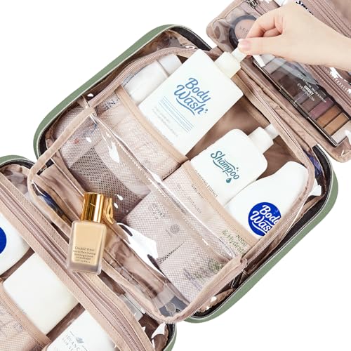 Image of NISHEL Large Double Layer Travel Makeup Bag Women, Cosmetic Case, Organizer for Travel-Size Accessories Bottles, Brushes, Conditioner, and Skin Care Products, Bronze Green
