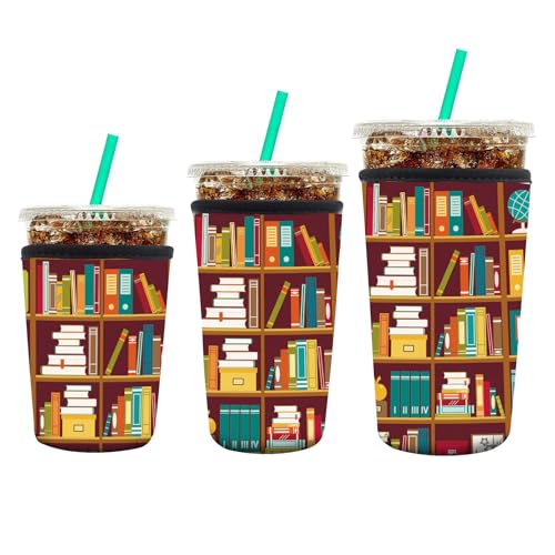 Image of 3 Pack Reusable Neoprene Insulator Sleeve for Iced Coffee Cups, Funny Coffee Cup Sleeves for 16-32oz Coffee cups, Cute Drink Sleeve for Cold Hot Beveragesc Cute Bookshelf