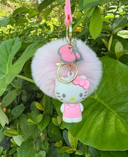 Cute Keychains for Girls, Kawaii Pom Pom Fuzzy Key Chain Accessories Wristlet Cartoon Keychain2