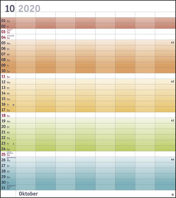 Bunte Wochen Planer XXL. Wandkalender 2020. Monatskalendarium. Spiralbindung. Format 40 x 45 cm