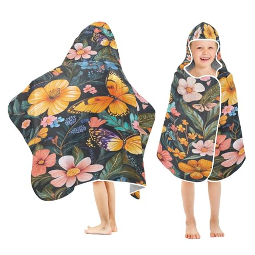 Kigai Butterfly Flowers Hooded Beach Towel for Kids Soft Absorbent Quick Dry Bath Towel with Hood Lightweight Toddler Shower Pool Bath Wrap for Boys Girls