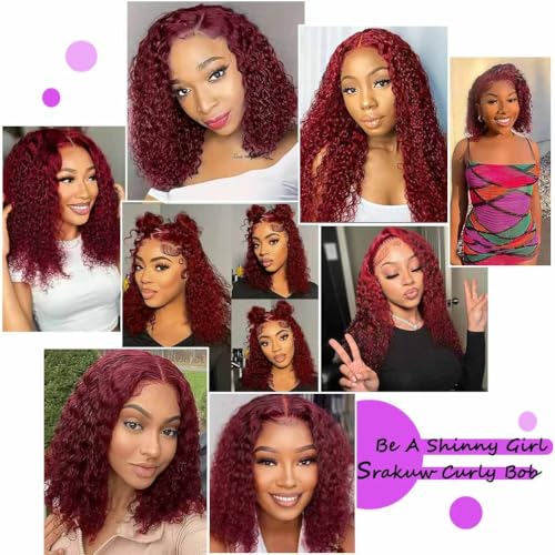 Image of Srakuw Wear and Go Glueless Wigs Human Hair Pre Plucked Pre Cut 99j Burgundy Lace Front Wigs for Black Women 180 Density Water Wave Bob Wig Colored Human Hair Curly Wig (99j Burgundy Color, 12 Inch)