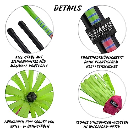 Diabolo Freizeitsport Flowerstick Pro (grün-pink) - Flowerstick aus Fiberglas inkl. 2 Handstäben, UV reaktiv, handbemalt, Festival-Hingucker, ideal für Fortgeschrittene und Profis
