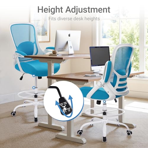 Image of HYLONE 400lbs Heavy Duty Drafting Chair 5 inch Thickened Seat Office Chair with Flip-Up Armrests Tall Ergonomic Computer Chair with Lumbar Support and Adjustable Footrest Ring Standing Desk Chair (Blue)