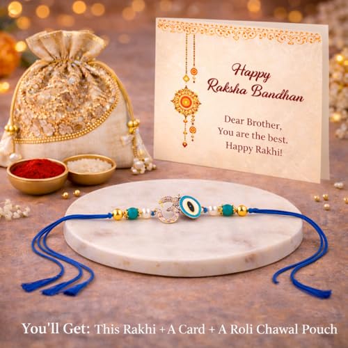 Image of JAIPUR ACE Om Evil Eye Rakhi for Brother | Premium Blue Thread Designer Rakhi Bracelet with Beads | Raksha Bandhan Gift Set with Roli Chawal & Greeting Card | Spiritual Rakhi Gift